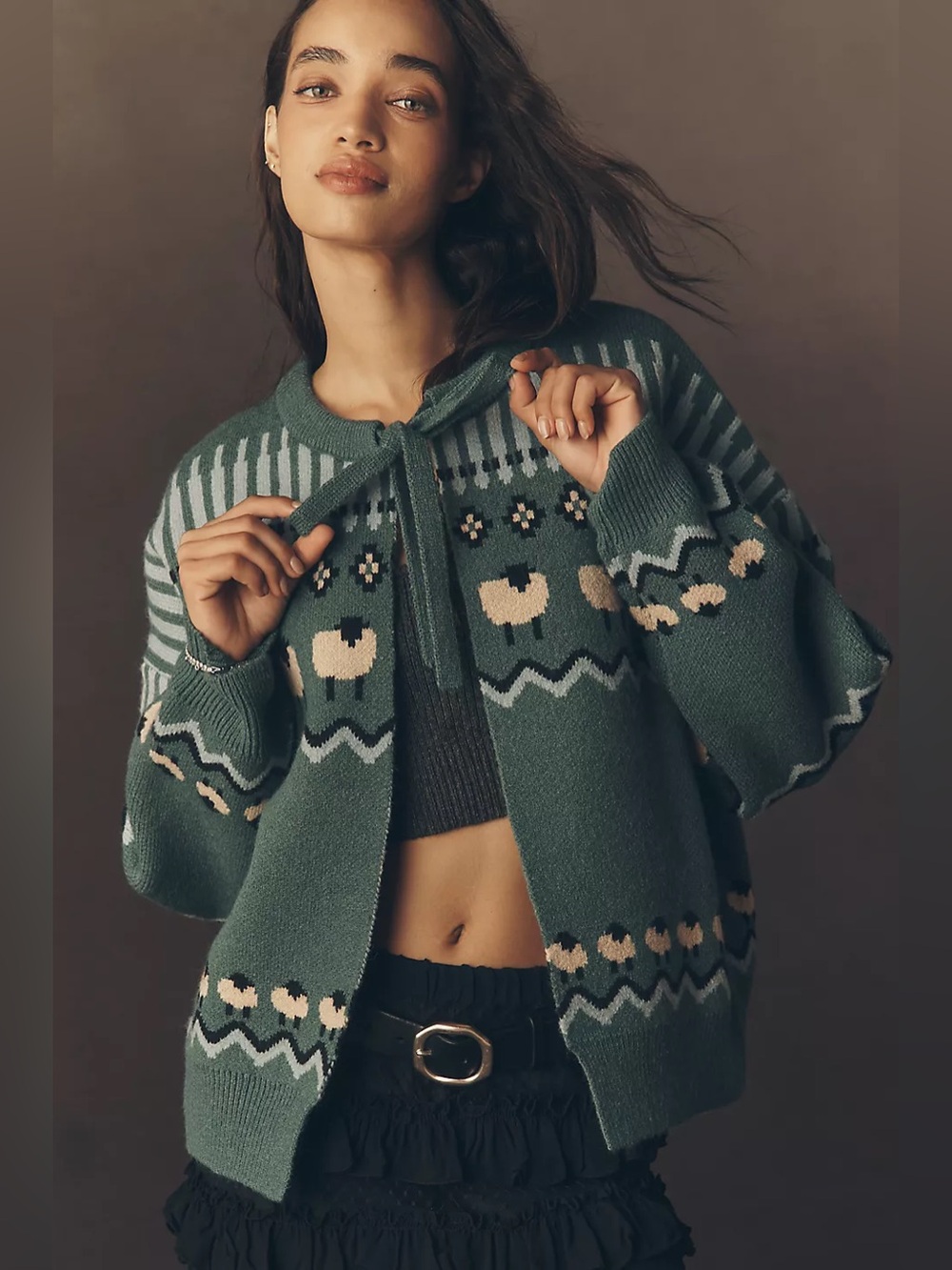 Anthropologie Maeve Tie-Front Fairisle Sheep Cardigan Sweater (One Size)